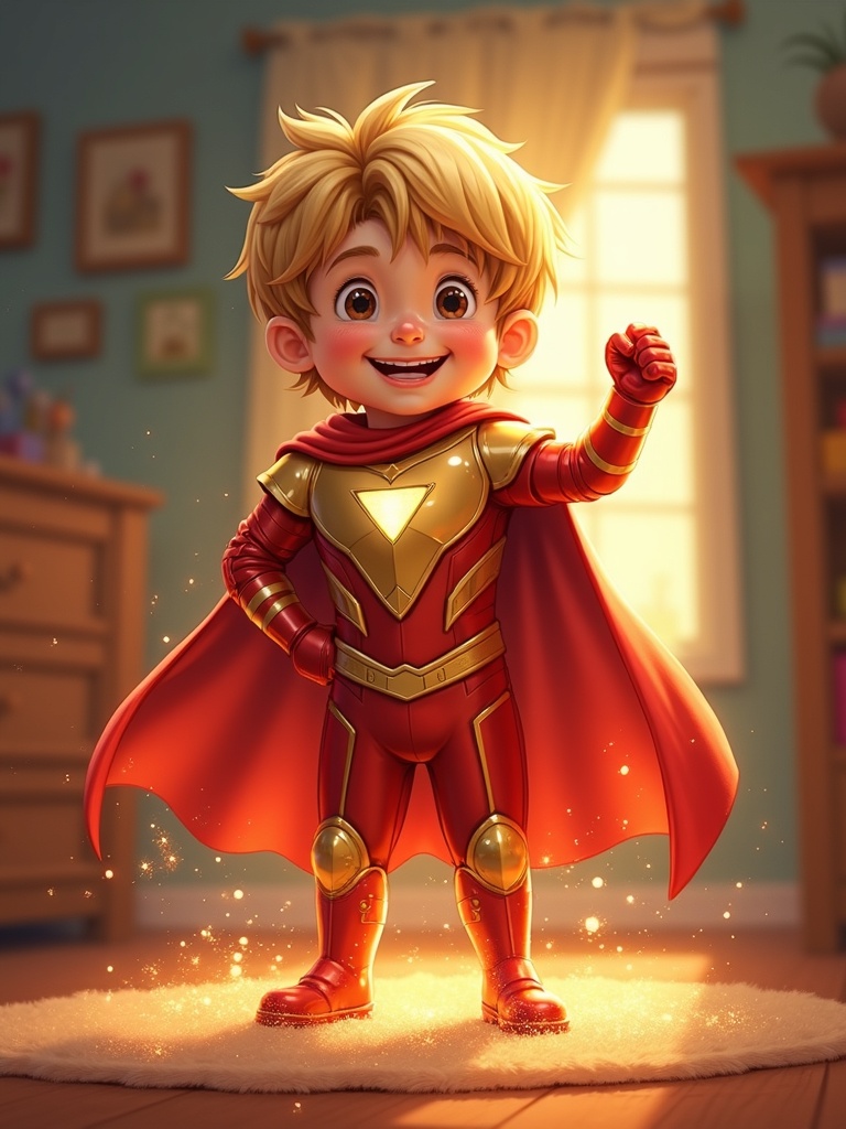 An AI-generated picture-book page showing a young blonde boy in a glowing red and gold superhero suit, taking off in front of a starry window. Children's storybook style.